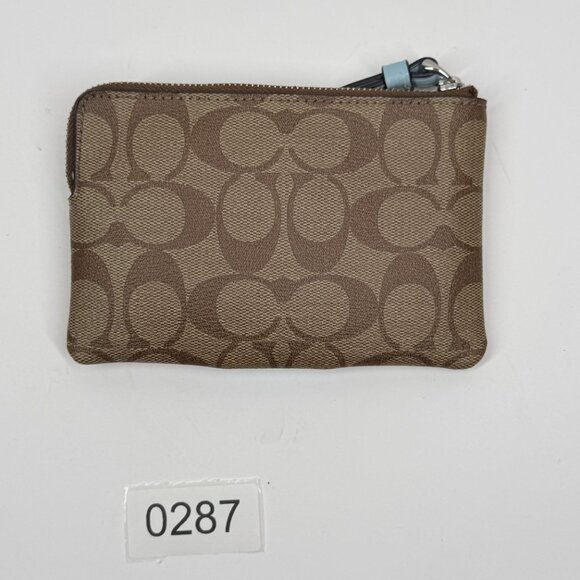 Coach Signature Canvas Corner Zip Wristlet Brown Light Blue Leather Trim - Picture 2 of 8